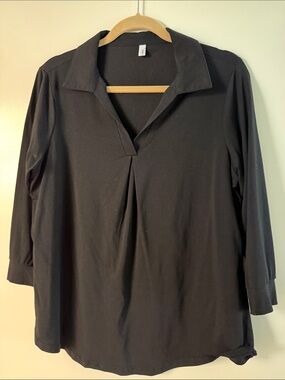 NewChoice Black Collared V-Neck 3/4 Sleeve Blouse
